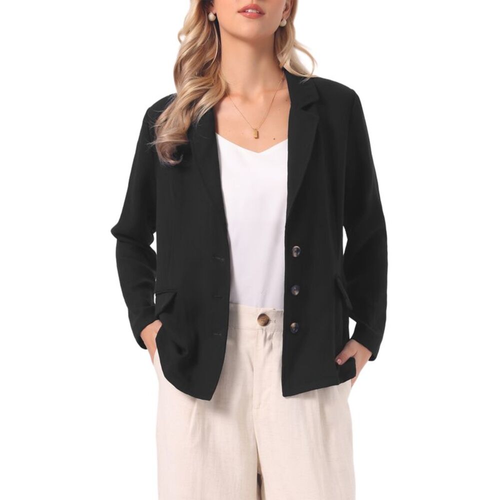 Women Lapel Long Sleeve Linen Blazer Business Casual Jacket Black